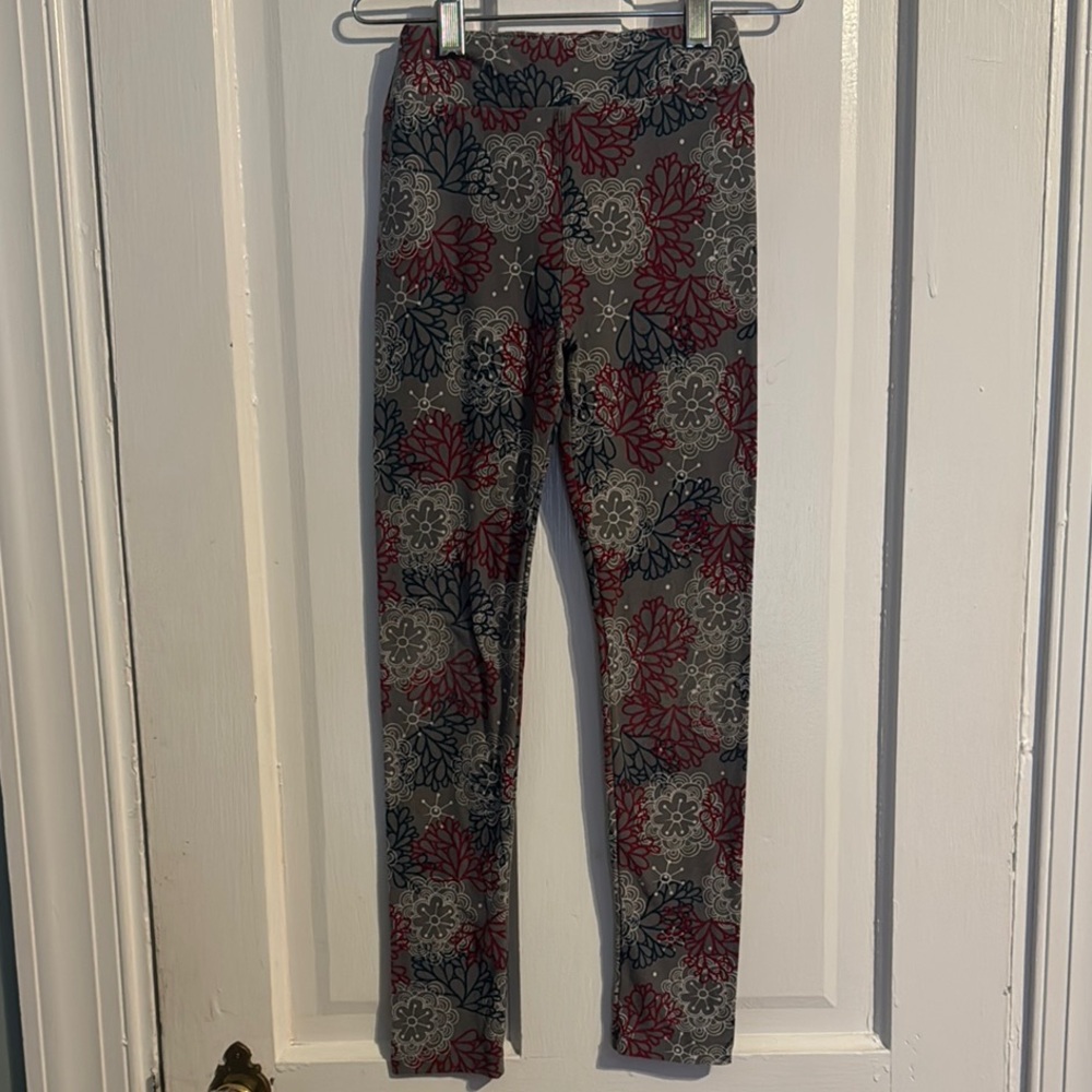 LuLaRoe Kids Leggings with Burgundy, Gray and Blue Floral Design